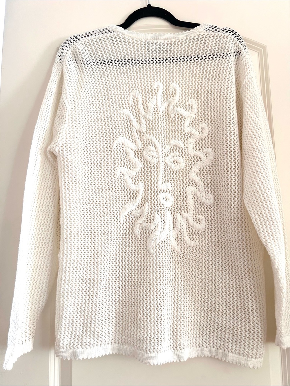 VTG Crazy Horse Sun Embroidered Open Knit Crochet V Neck Cardigan. Celestial.
